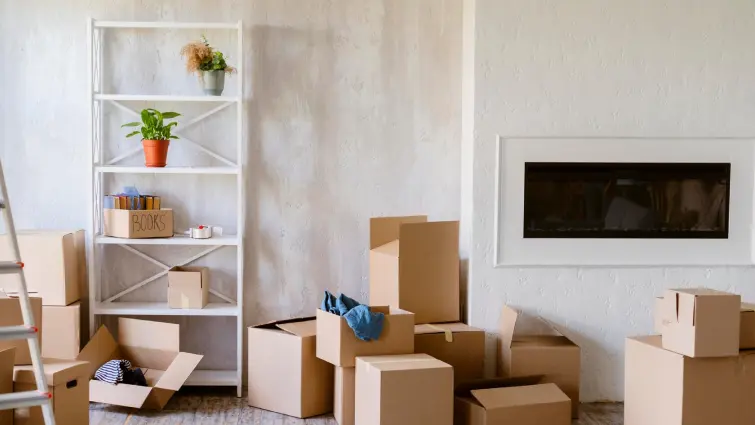 A room filled with cardboard boxes, some open with items inside, indicating a move-in or move-out. A white shelf with books and a potted plant stands against a light-colored wall next to a modern, rectangular fireplace.